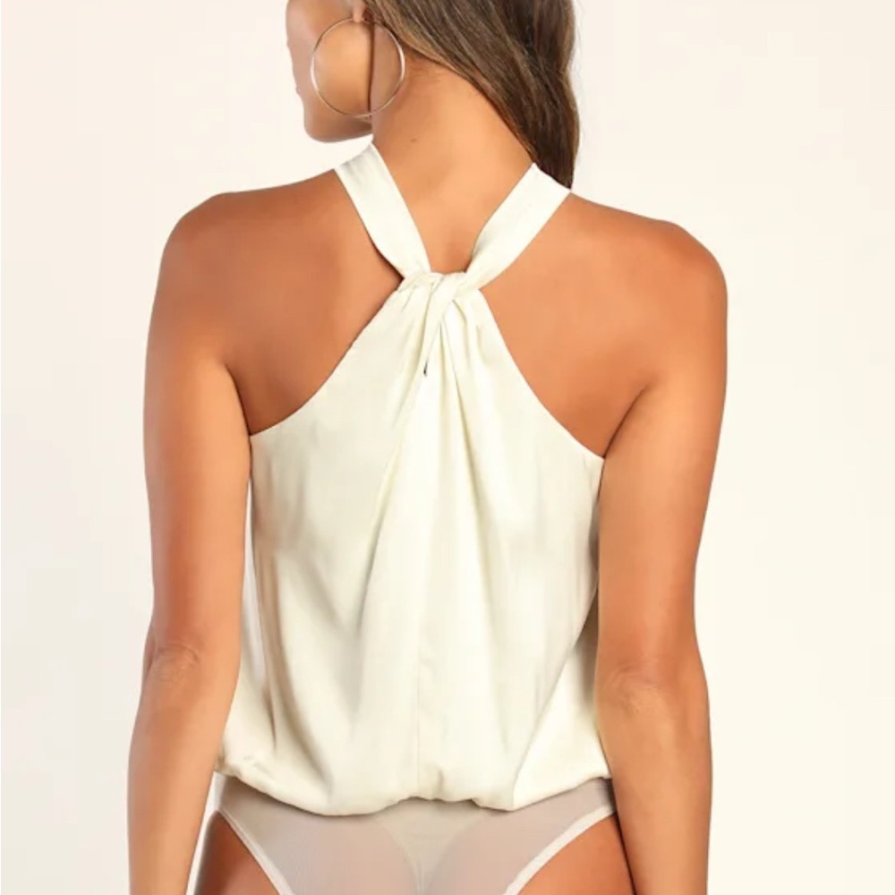 Lulus NWOT Posh Attitude Ivory Satin Knotted Halter Bodysuit - Picture 5 of 7